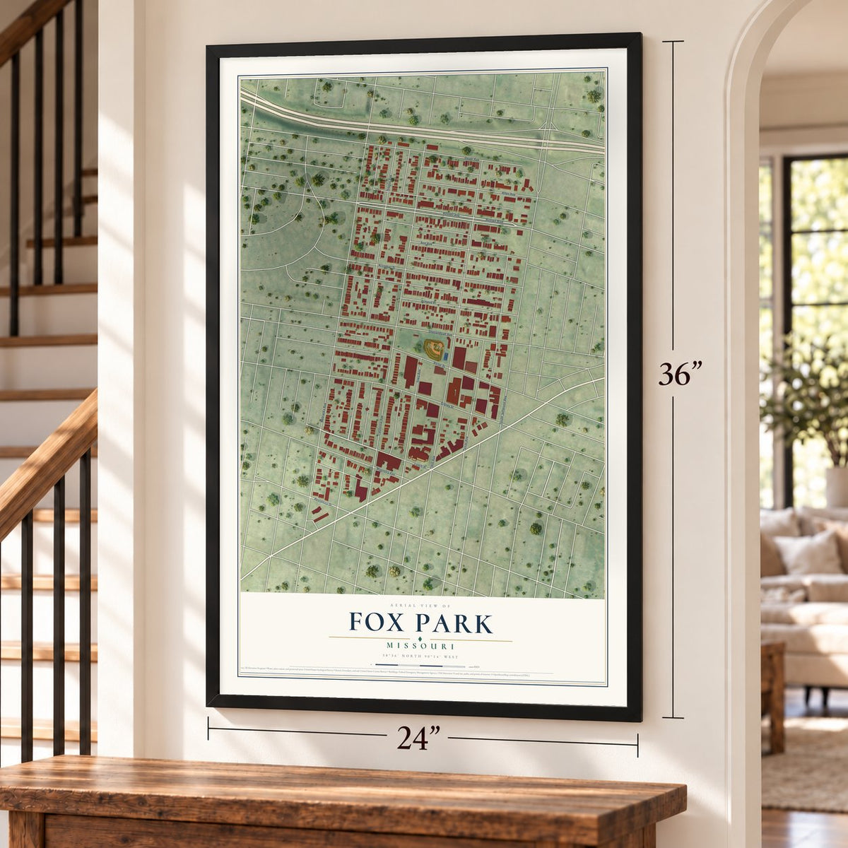 Fox Park, Missouri map, 24 x 36 inch print in a black frame by a staircase