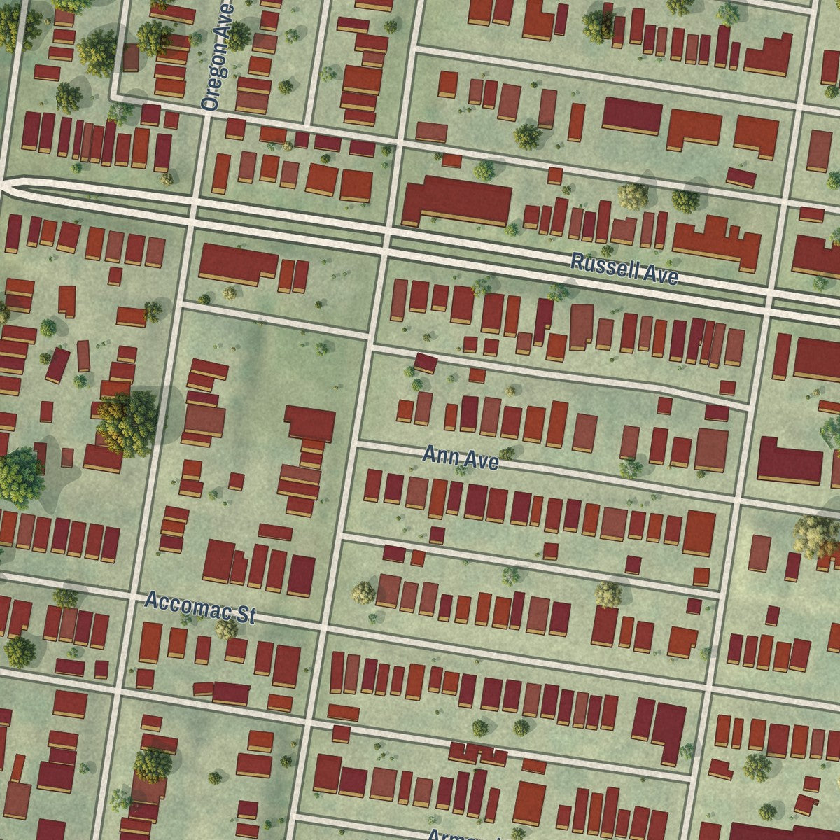 Close-up of the map of Fox Park, Missouri print showing street and building detail