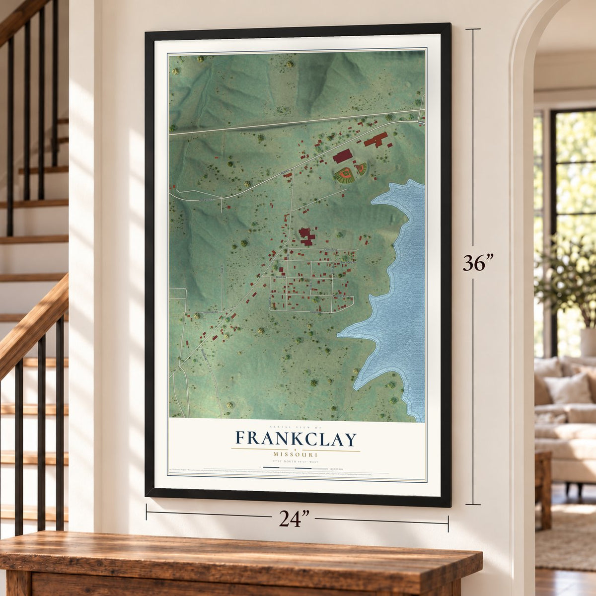 Frankclay, Missouri map, 24 x 36 inch print in a black frame by a staircase