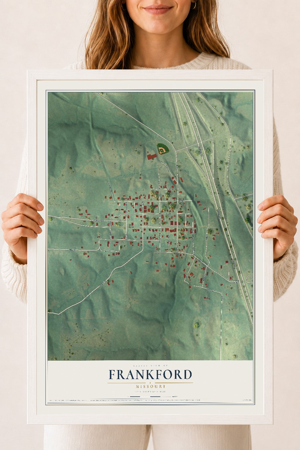 Map of Frankford, Missouri, 18 x 24 inch print in a white wood frame