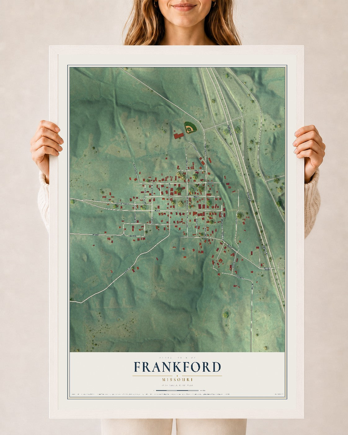 Map of Frankford, Missouri, 24 x 36 inch print in a white wood frame