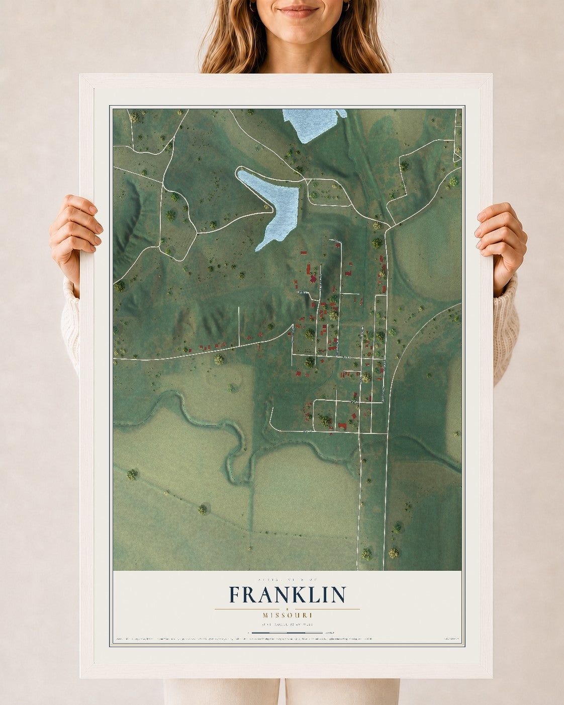 Map of Franklin, Missouri, 24 x 36 inch print in a white wood frame