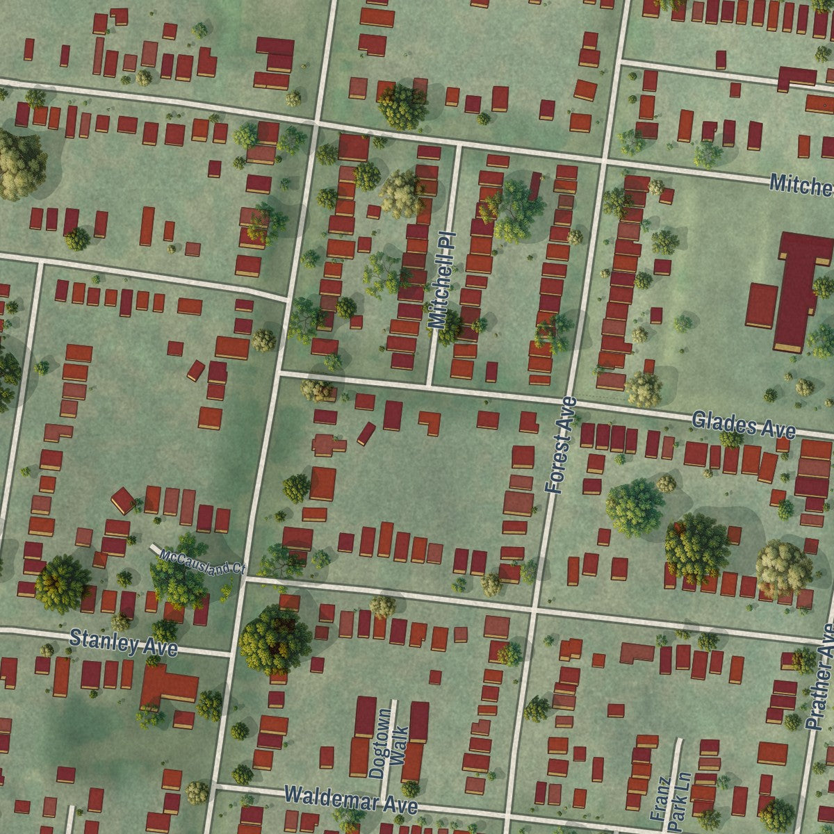 Close-up of the map of Franz Park, Missouri print showing street and building detail