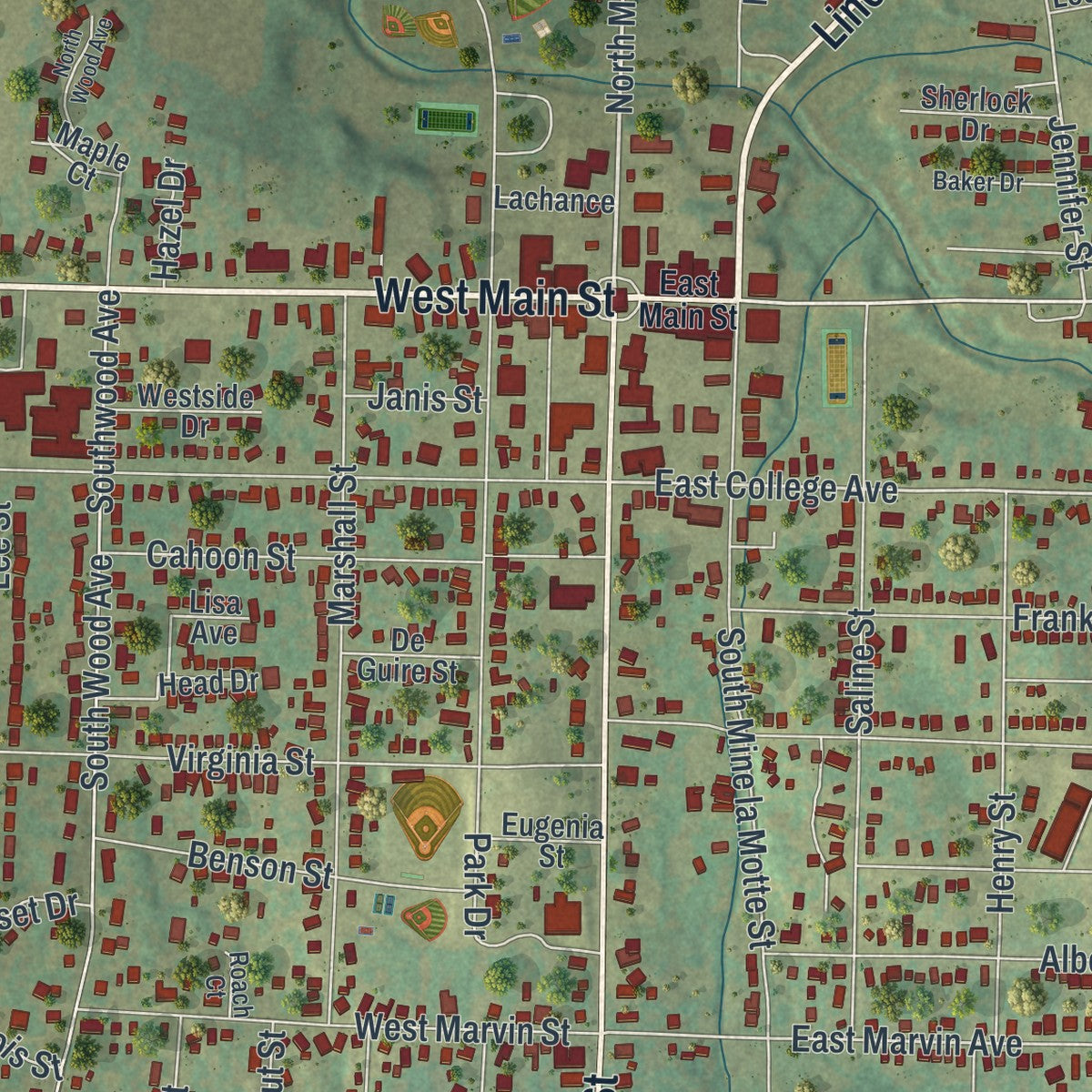 Close-up of the map of Fredericktown, Missouri print showing street and building detail