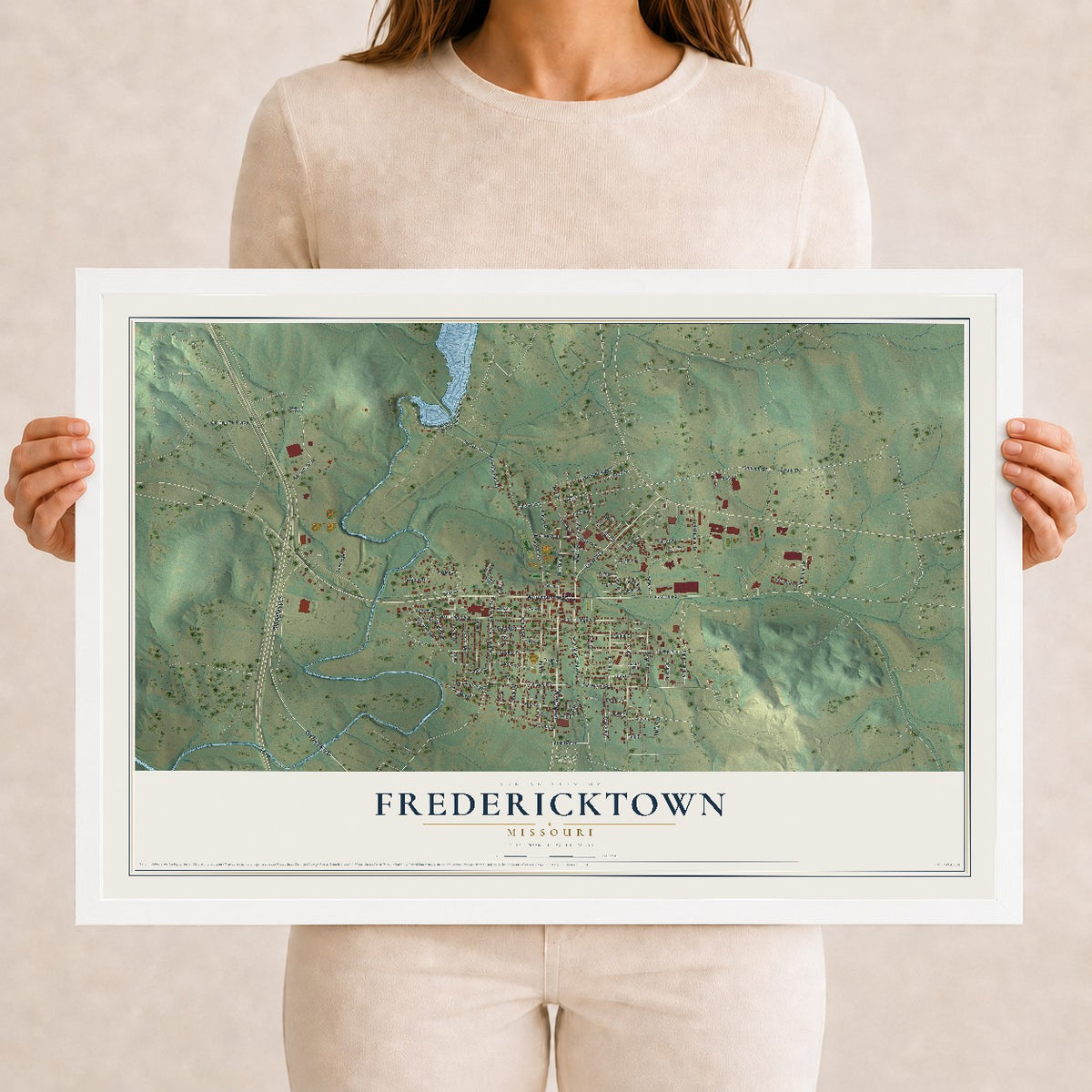Map of Fredericktown, Missouri, 12 x 18 inch print in a white wood frame