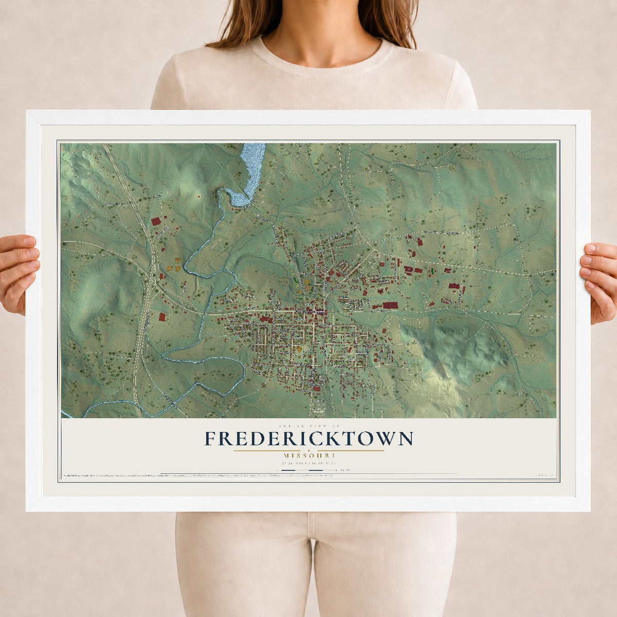 Map of Fredericktown, Missouri, 18 x 24 inch print in a white wood frame
