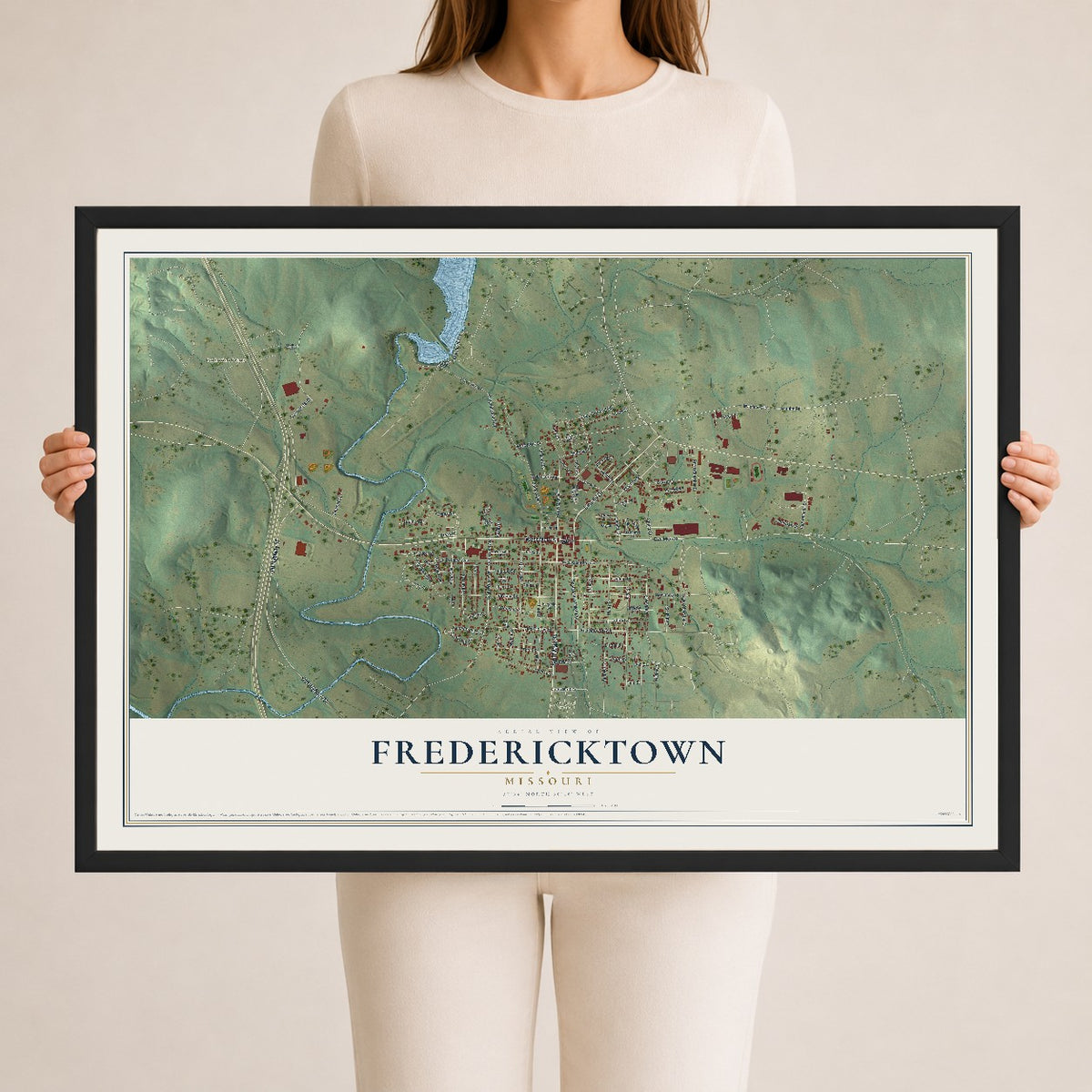 Map of Fredericktown, Missouri, 24 x 36 inch print in a black wood frame
