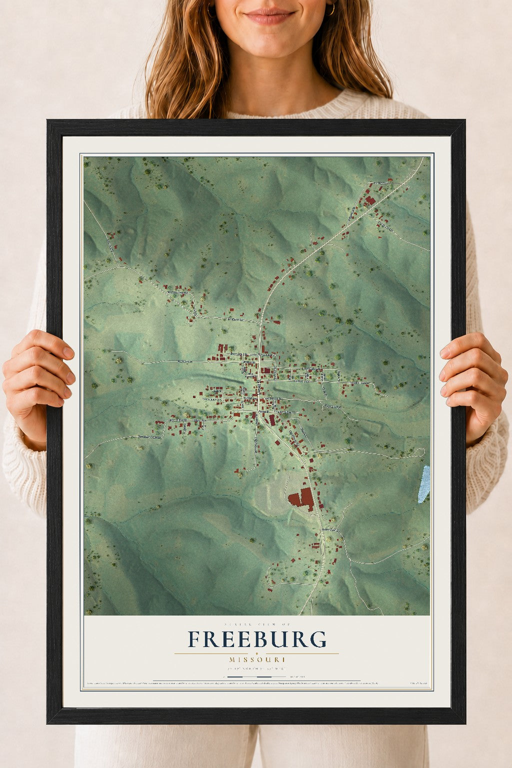 Map of Freeburg, Missouri, 18 x 24 inch print in a black wood frame