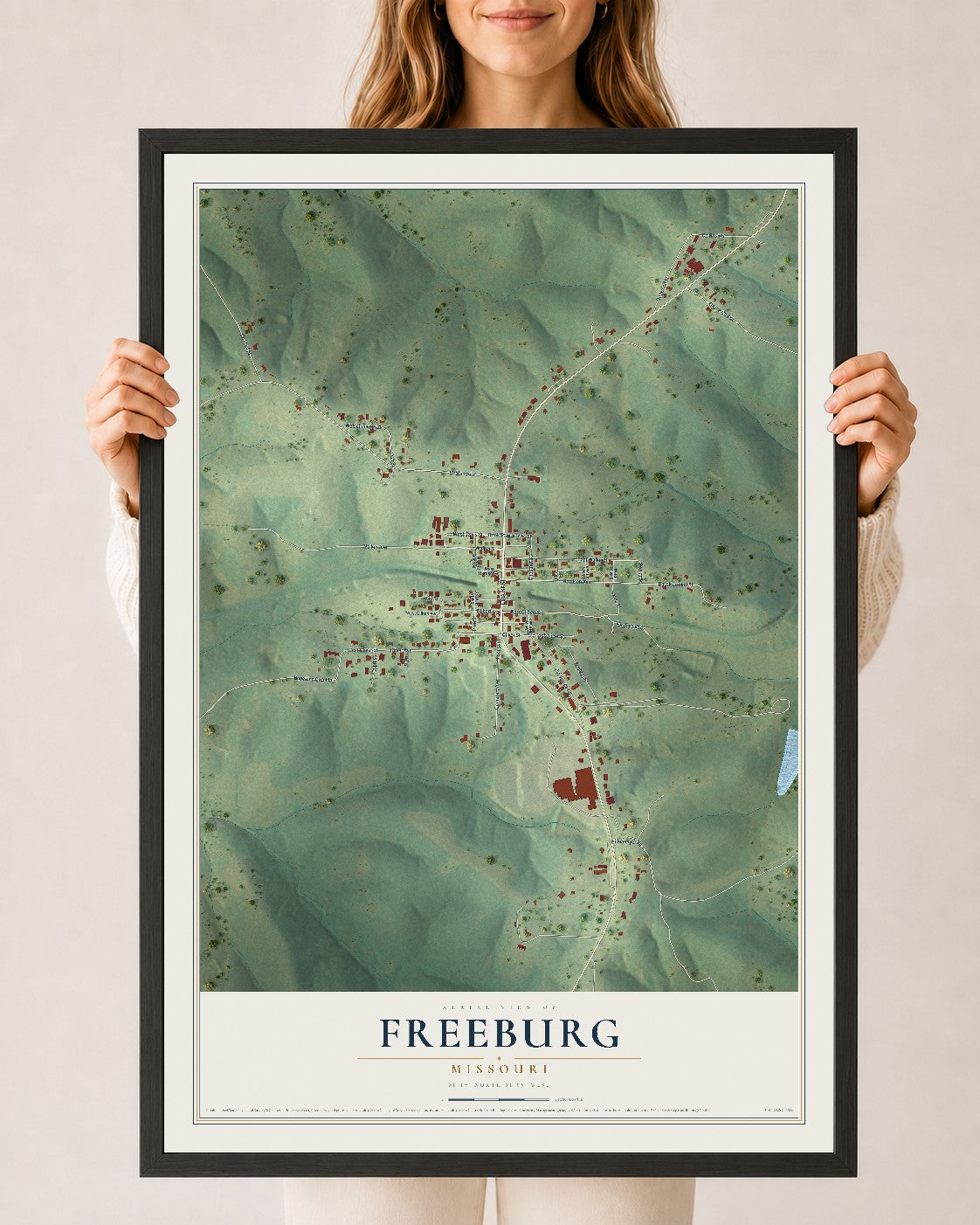 Map of Freeburg, Missouri, 24 x 36 inch print in a black wood frame