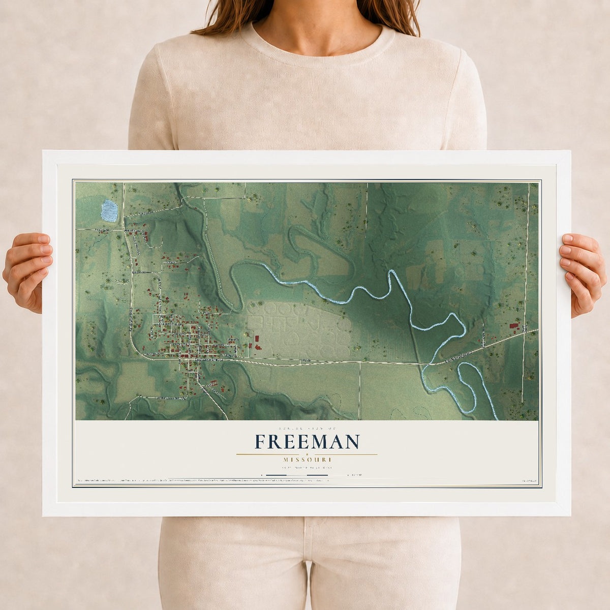 Map of Freeman, Missouri, 12 x 18 inch print in a white wood frame