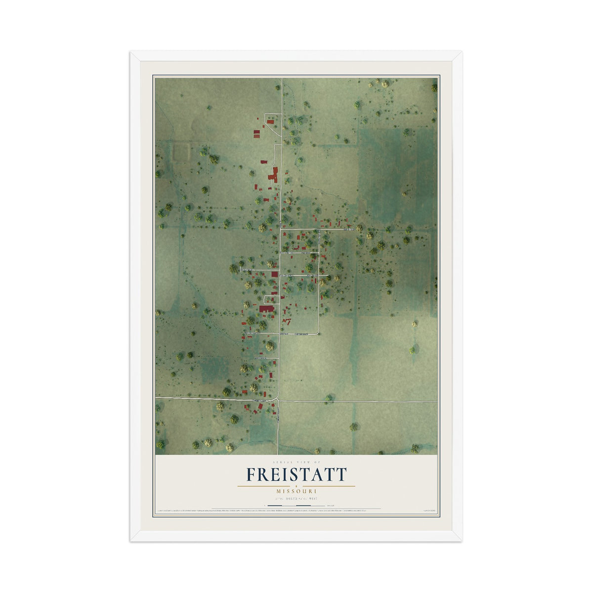 Map of Freistatt, Missouri, 12 x 18 inch print in a white wood frame