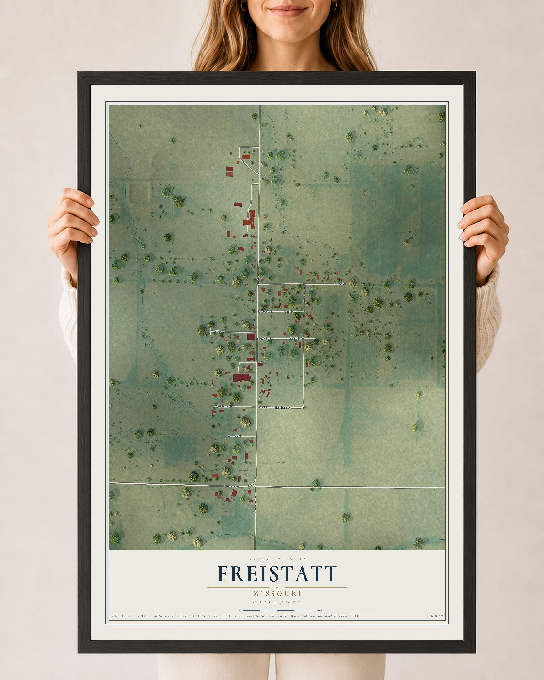 Map of Freistatt, Missouri, 24 x 36 inch print in a black wood frame