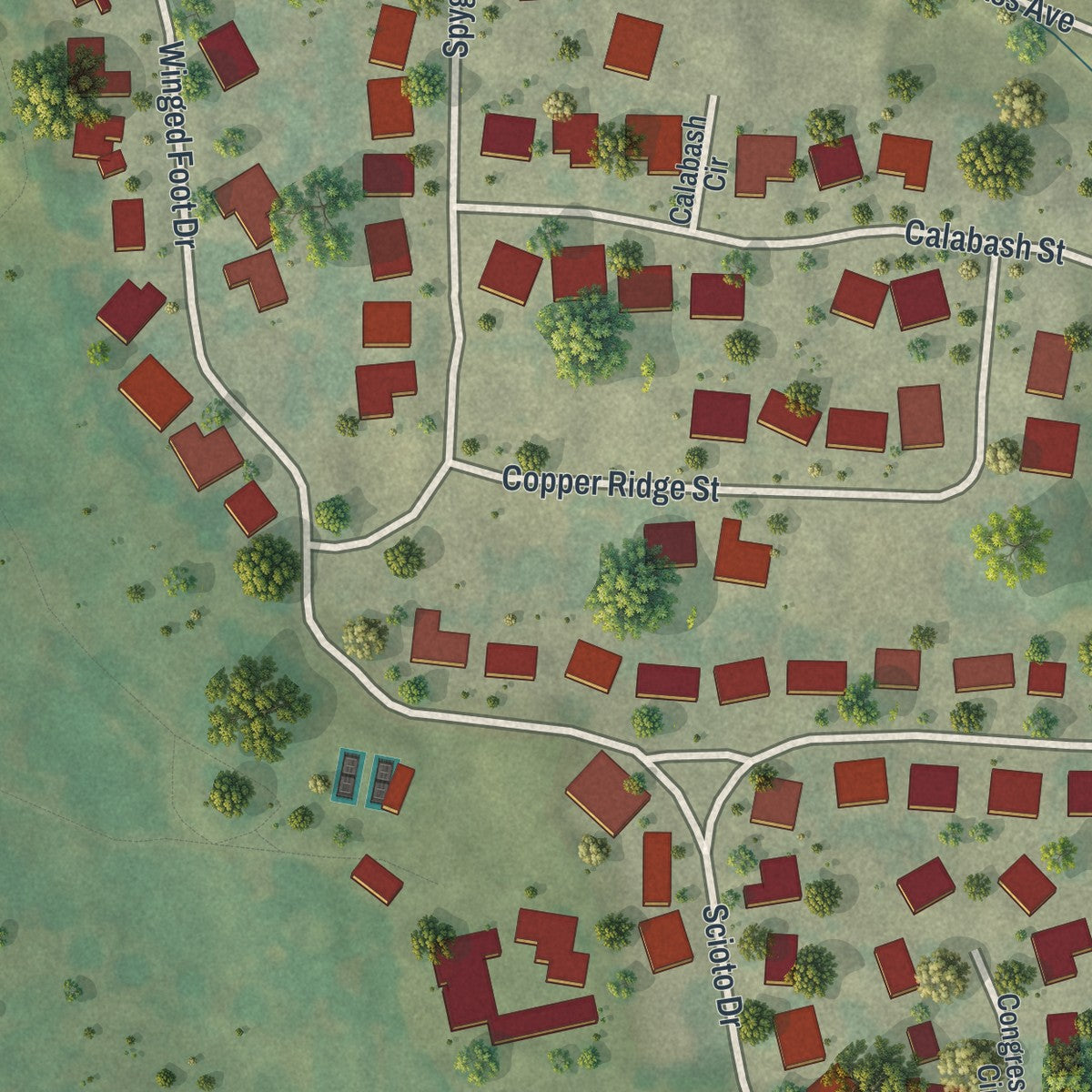 Close-up of the map of Fremont Hills, Missouri print showing street and building detail