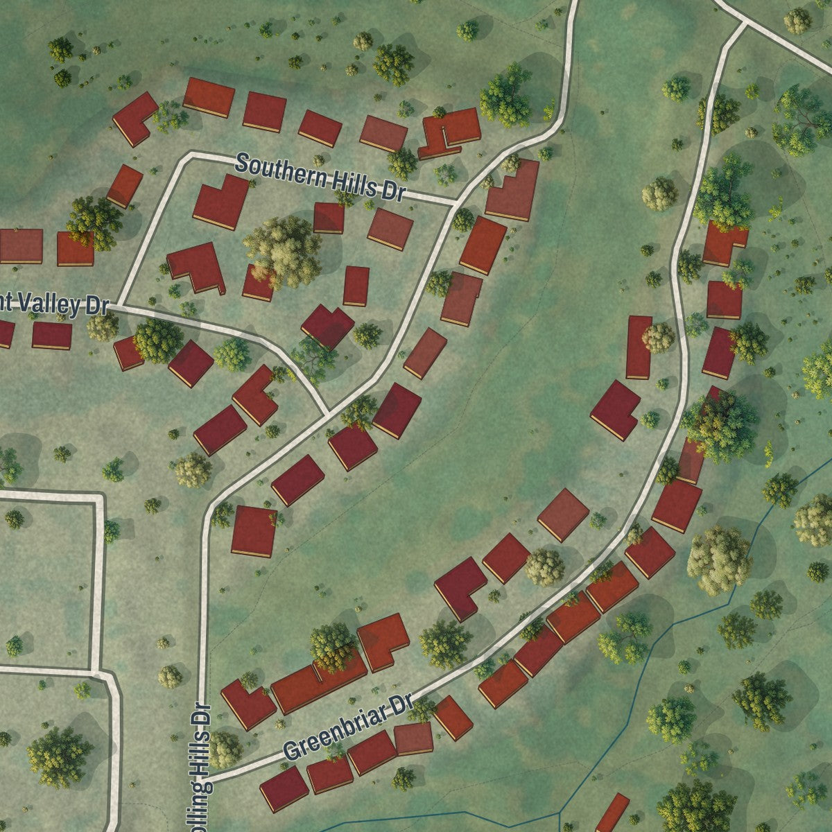 Second close-up of the map of Fremont Hills, Missouri print showing more streets and buildings
