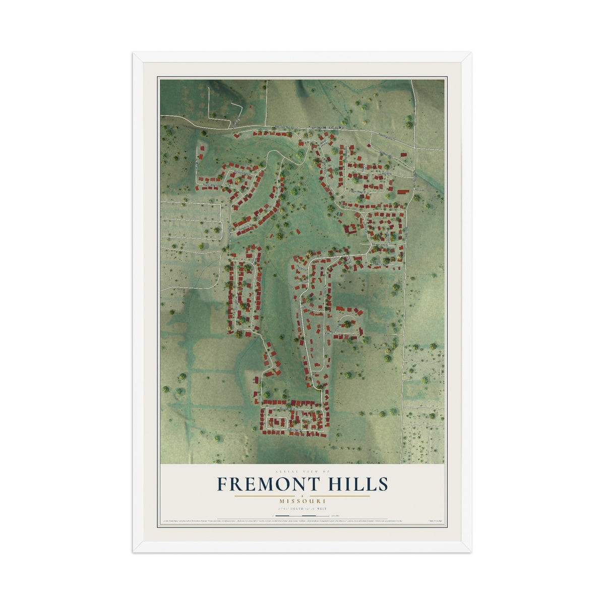 Map of Fremont Hills, Missouri, 12 x 18 inch print in a white wood frame