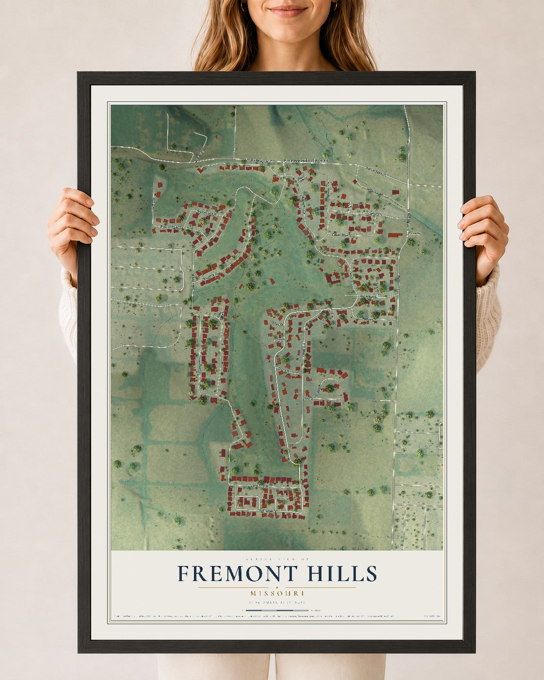 Map of Fremont Hills, Missouri, 24 x 36 inch print in a black wood frame