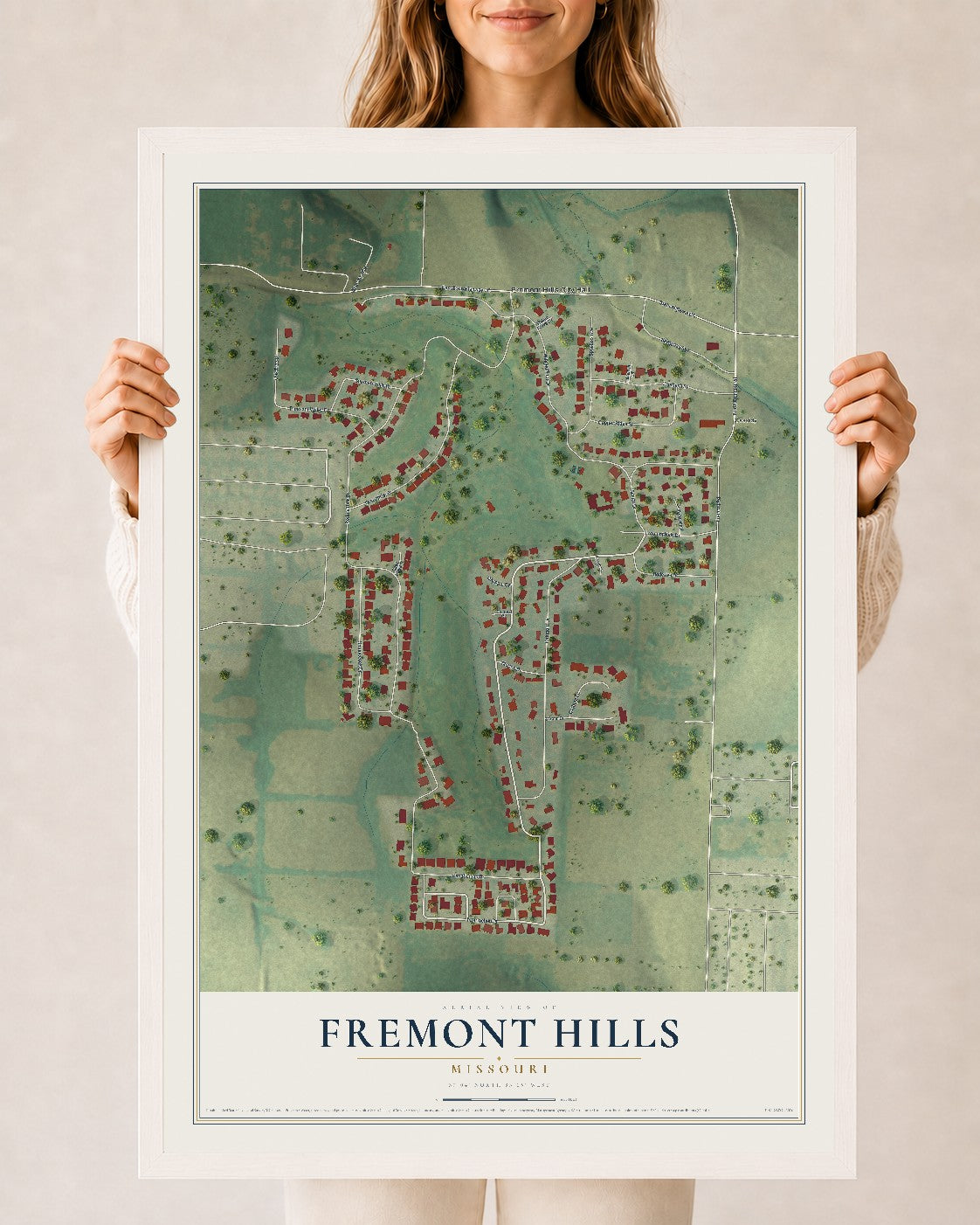 Map of Fremont Hills, Missouri, 24 x 36 inch print in a white wood frame