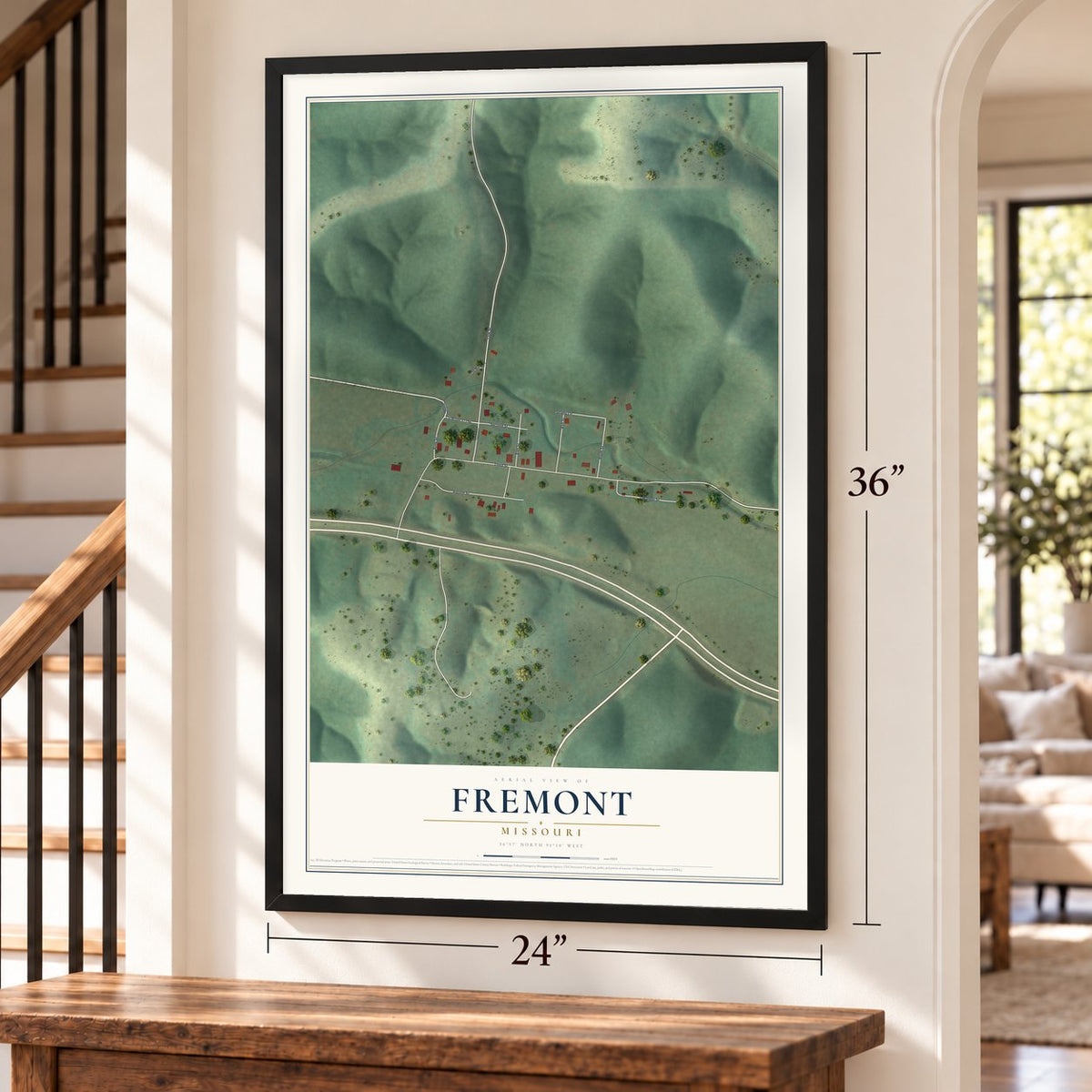 Fremont, Missouri map, 24 x 36 inch print in a black frame by a staircase