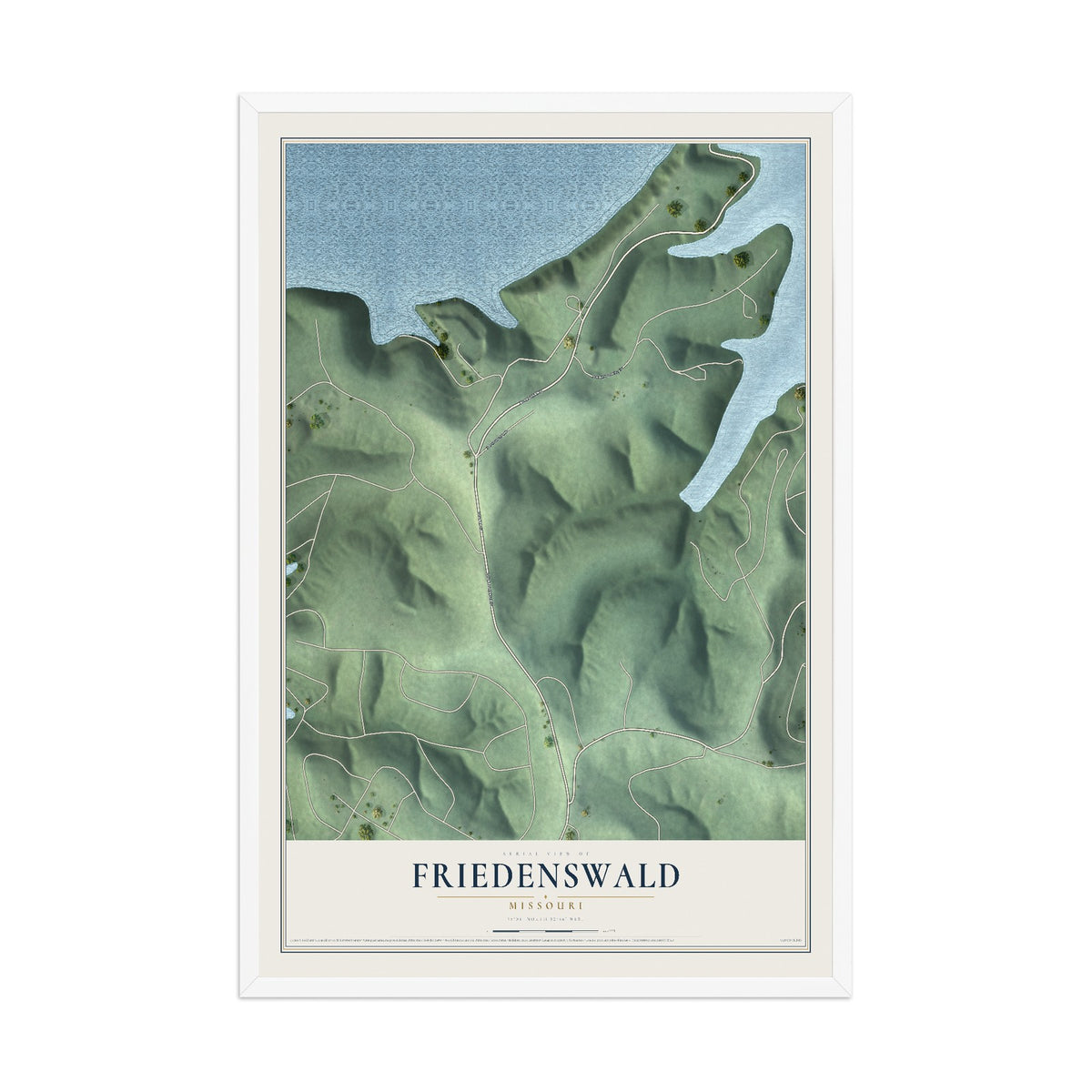 Map of Friedenswald, Missouri, 12 x 18 inch print in a white wood frame