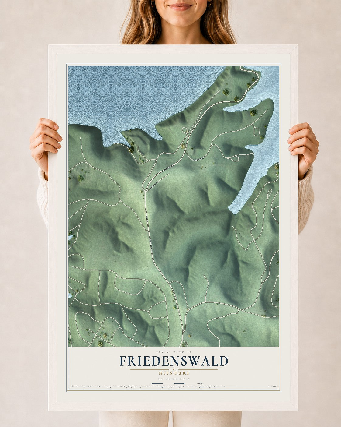 Map of Friedenswald, Missouri, 24 x 36 inch print in a white wood frame