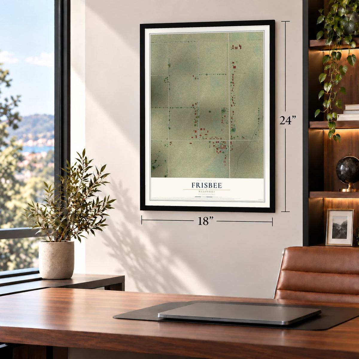 Frisbee, Missouri map, 18 x 24 inch print in a black frame in a home office