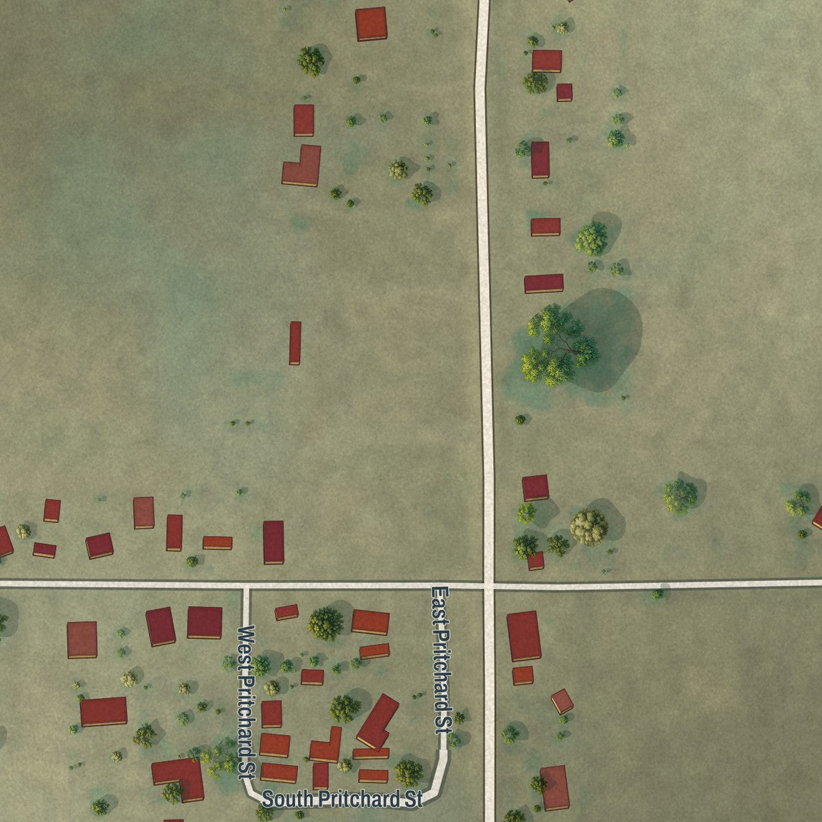 Close-up of the map of Frisbee, Missouri print showing street and building detail