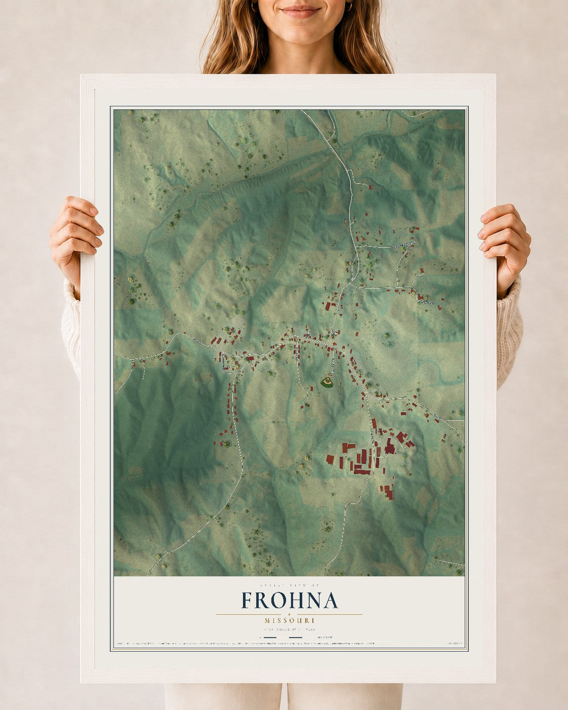 Map of Frohna, Missouri, 24 x 36 inch print in a white wood frame