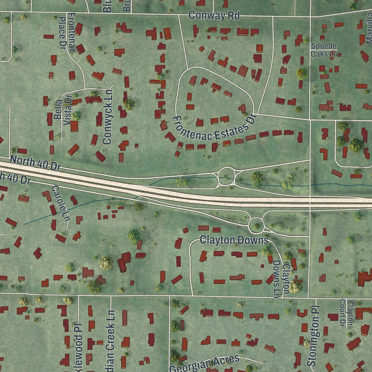 Close-up of the map of Frontenac, Missouri print showing street and building detail
