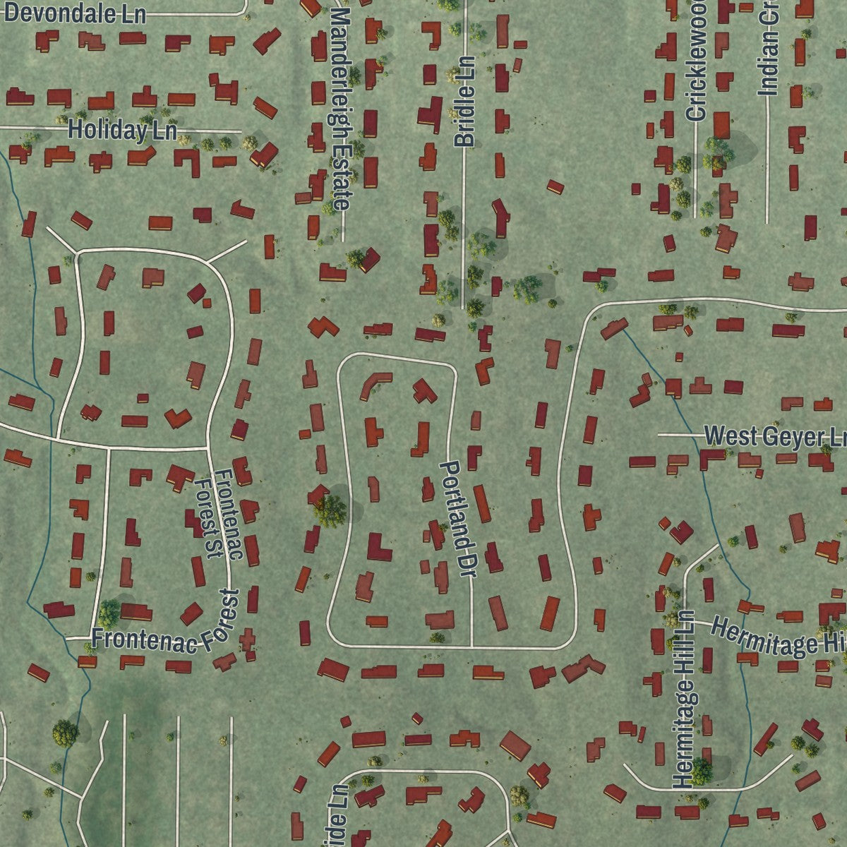 Second close-up of the map of Frontenac, Missouri print showing more streets and buildings