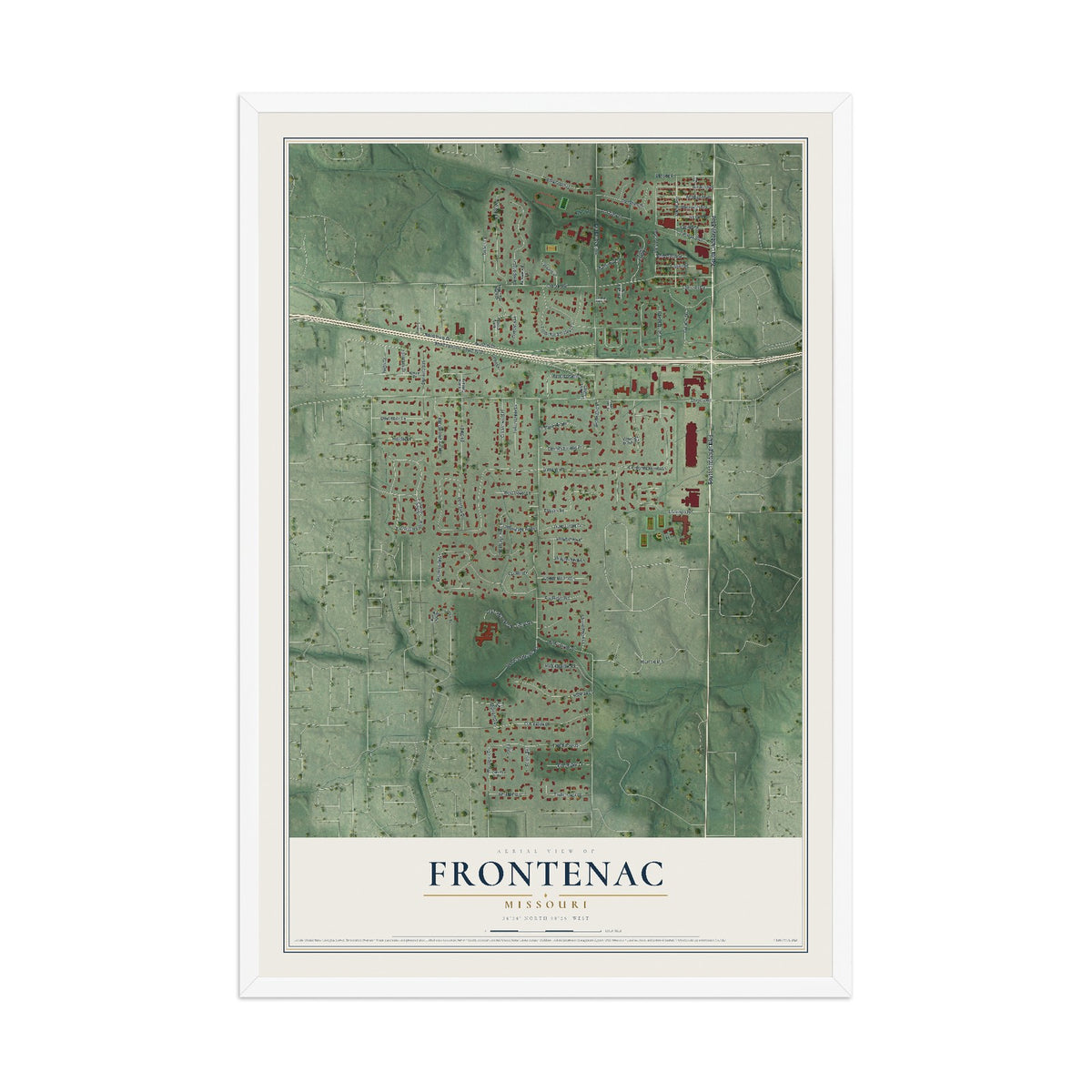 Map of Frontenac, Missouri, 12 x 18 inch print in a white wood frame