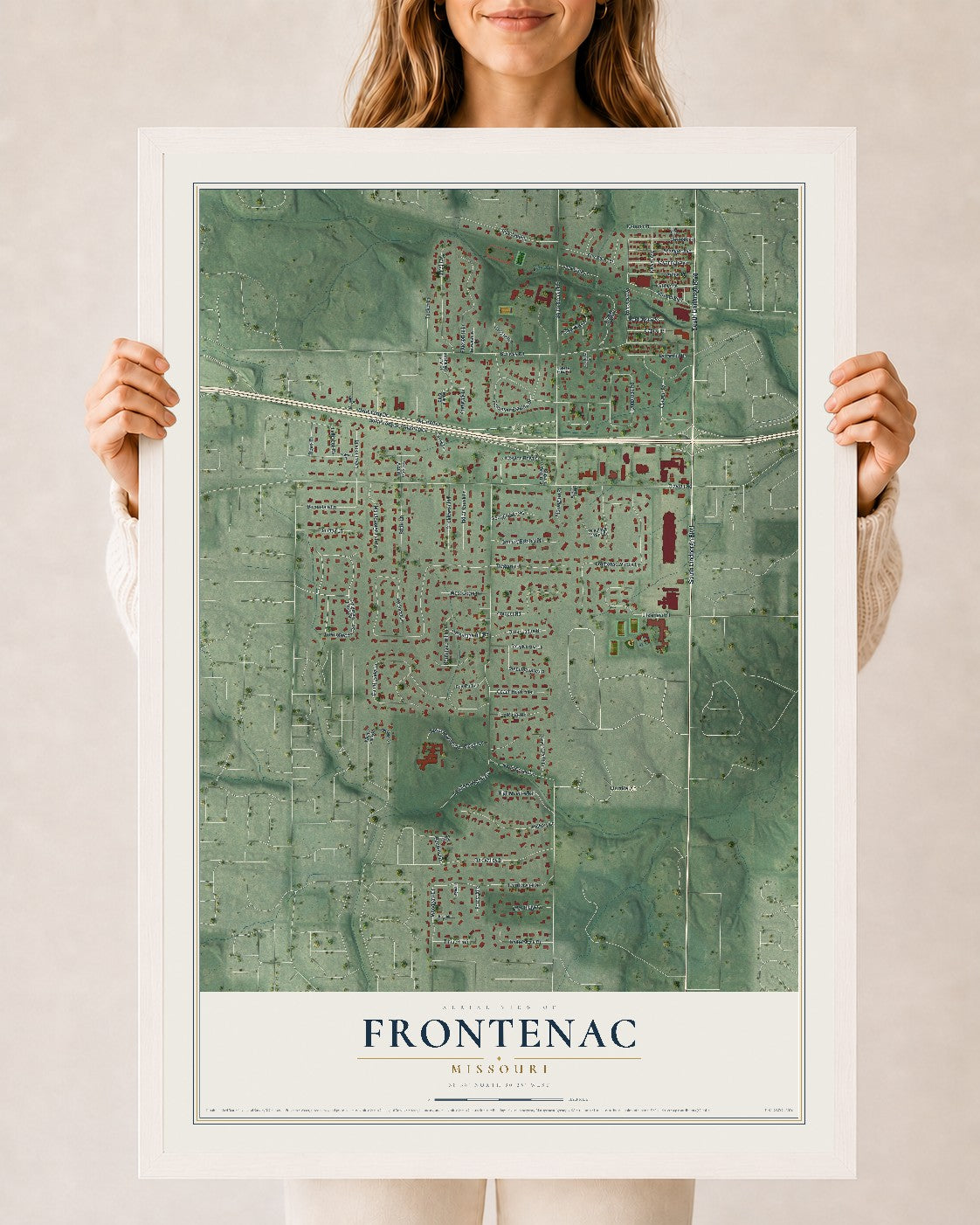 Map of Frontenac, Missouri, 24 x 36 inch print in a white wood frame