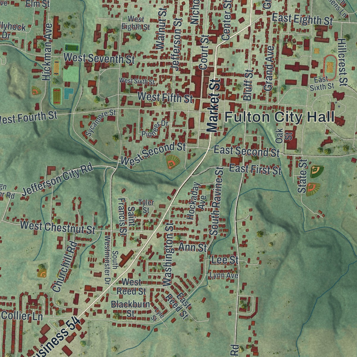 Close-up of the map of Fulton, Missouri print showing street and building detail