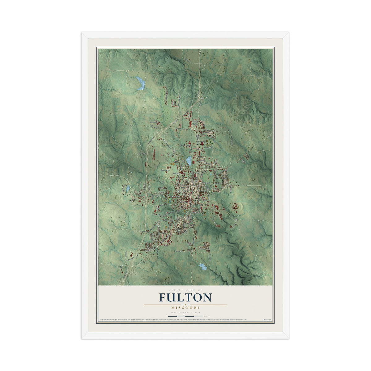 Map of Fulton, Missouri, 12 x 18 inch print in a white wood frame