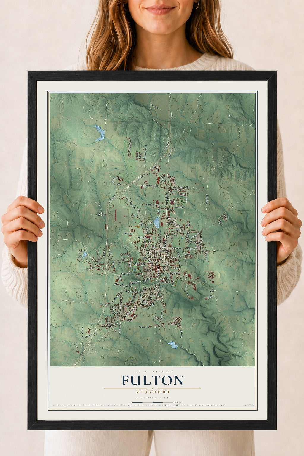 Map of Fulton, Missouri, 18 x 24 inch print in a black wood frame