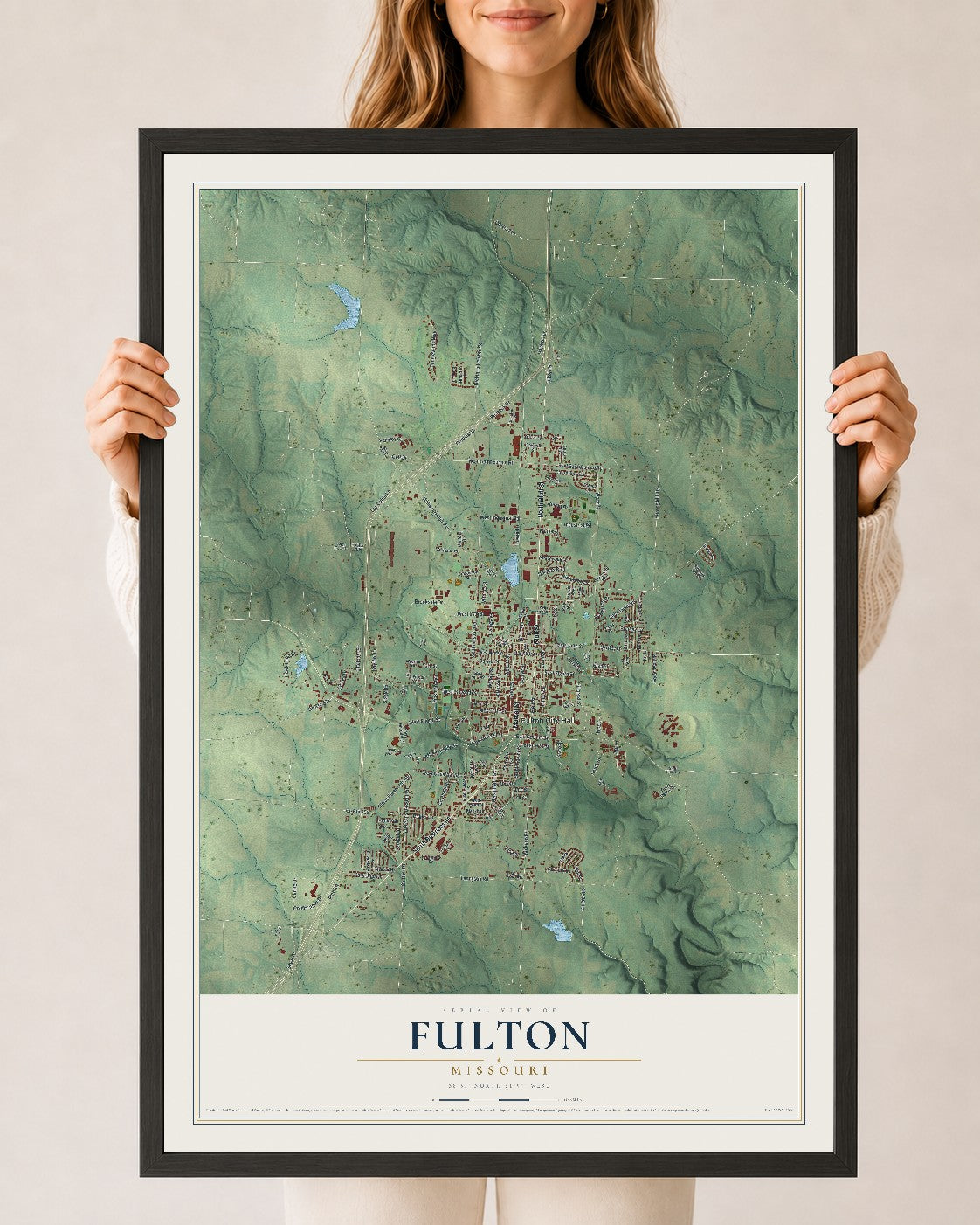 Map of Fulton, Missouri, 24 x 36 inch print in a black wood frame