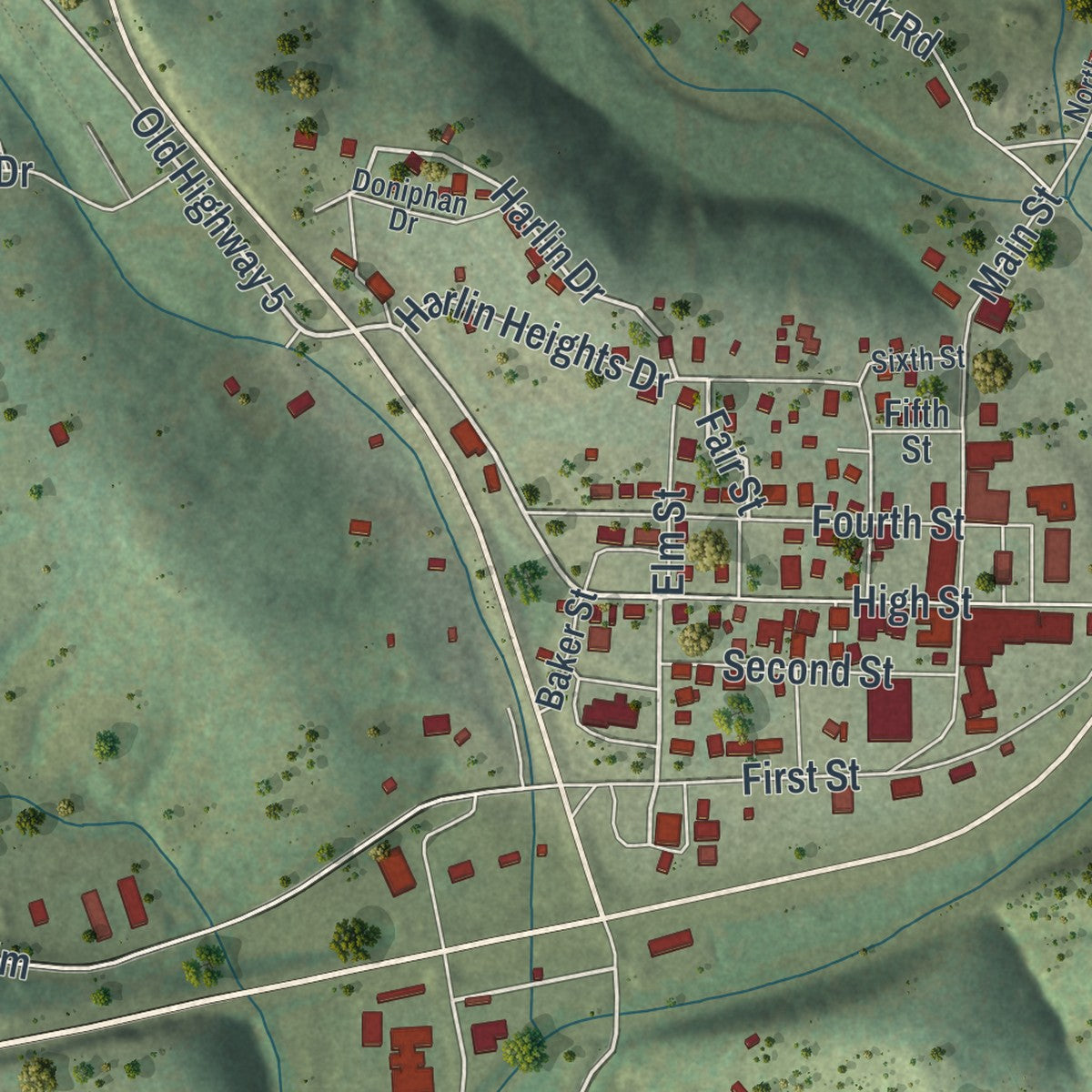 Close-up of the map of Gainesville, Missouri print showing street and building detail