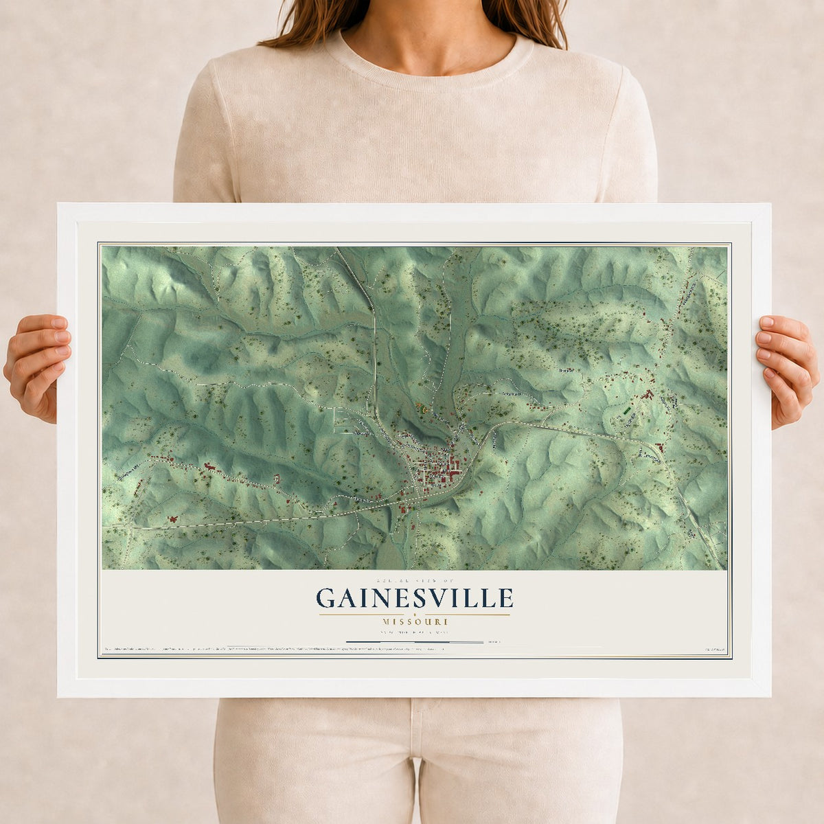 Map of Gainesville, Missouri, 12 x 18 inch print in a white wood frame