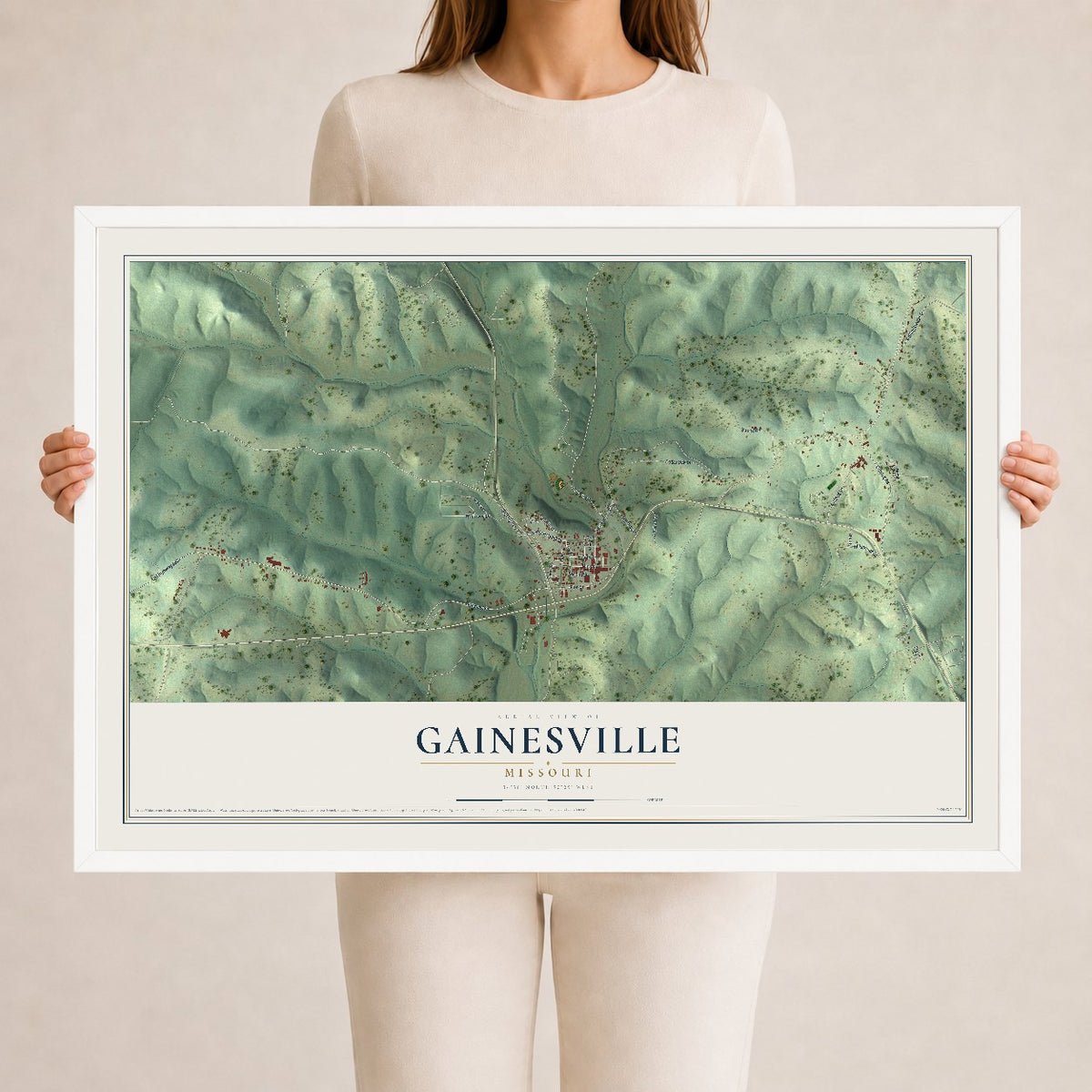 Map of Gainesville, Missouri, 24 x 36 inch print in a white wood frame