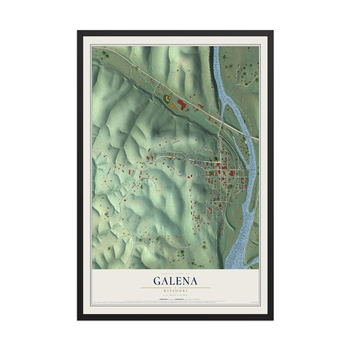 Map of Galena, Missouri, 12 x 18 inch print in a black wood frame