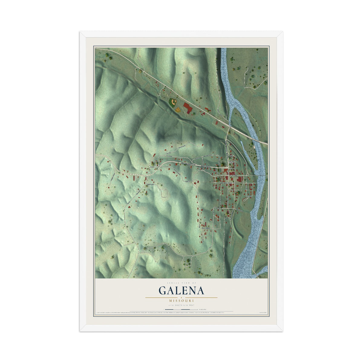 Map of Galena, Missouri, 12 x 18 inch print in a white wood frame