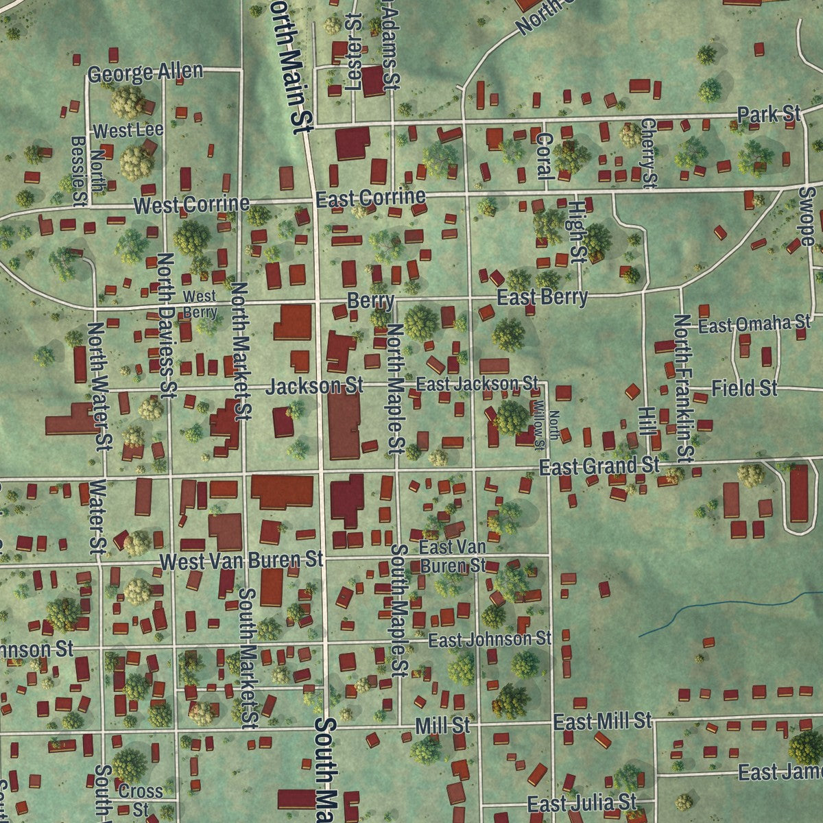 Close-up of the map of Gallatin, Missouri print showing street and building detail