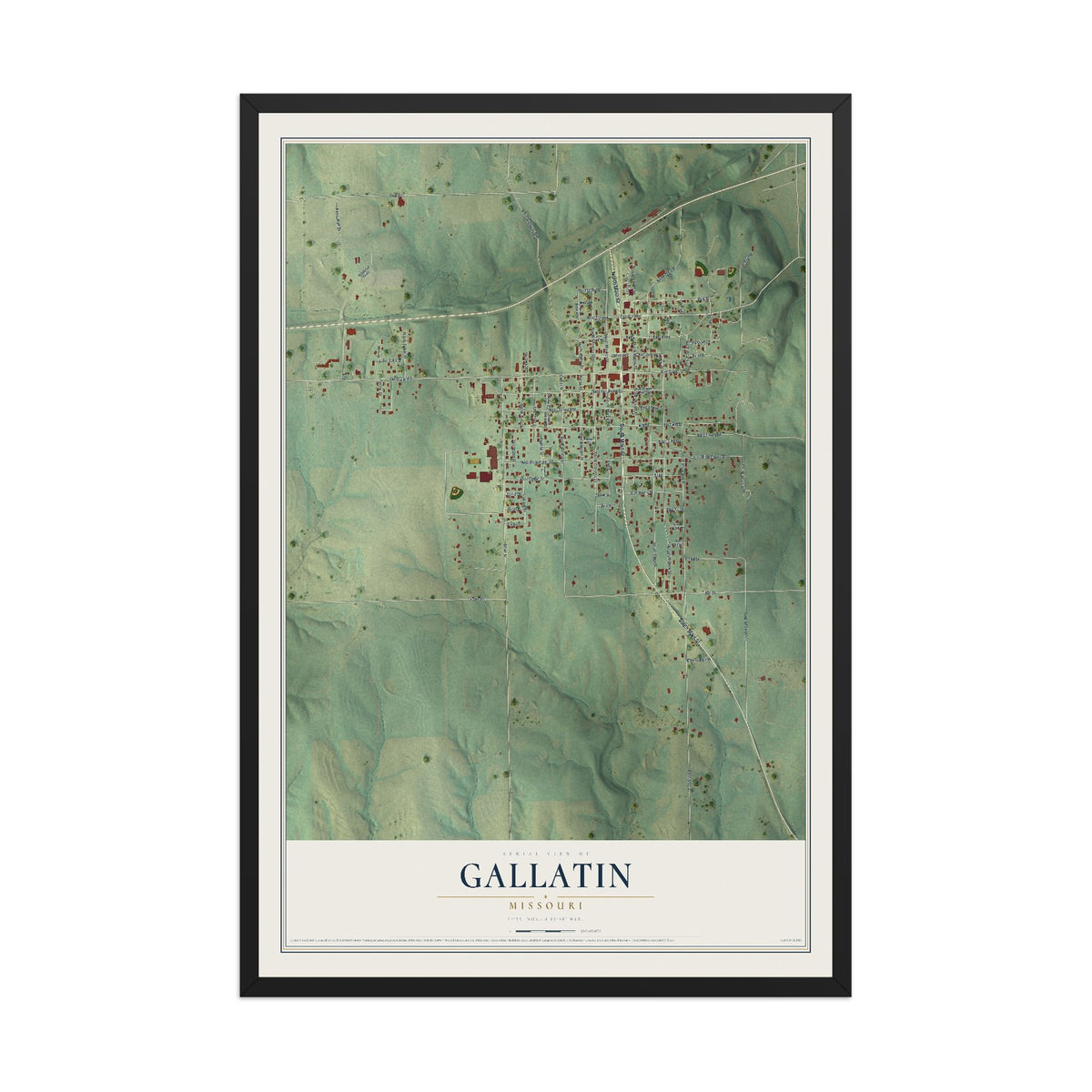 Map of Gallatin, Missouri, 12 x 18 inch print in a black wood frame