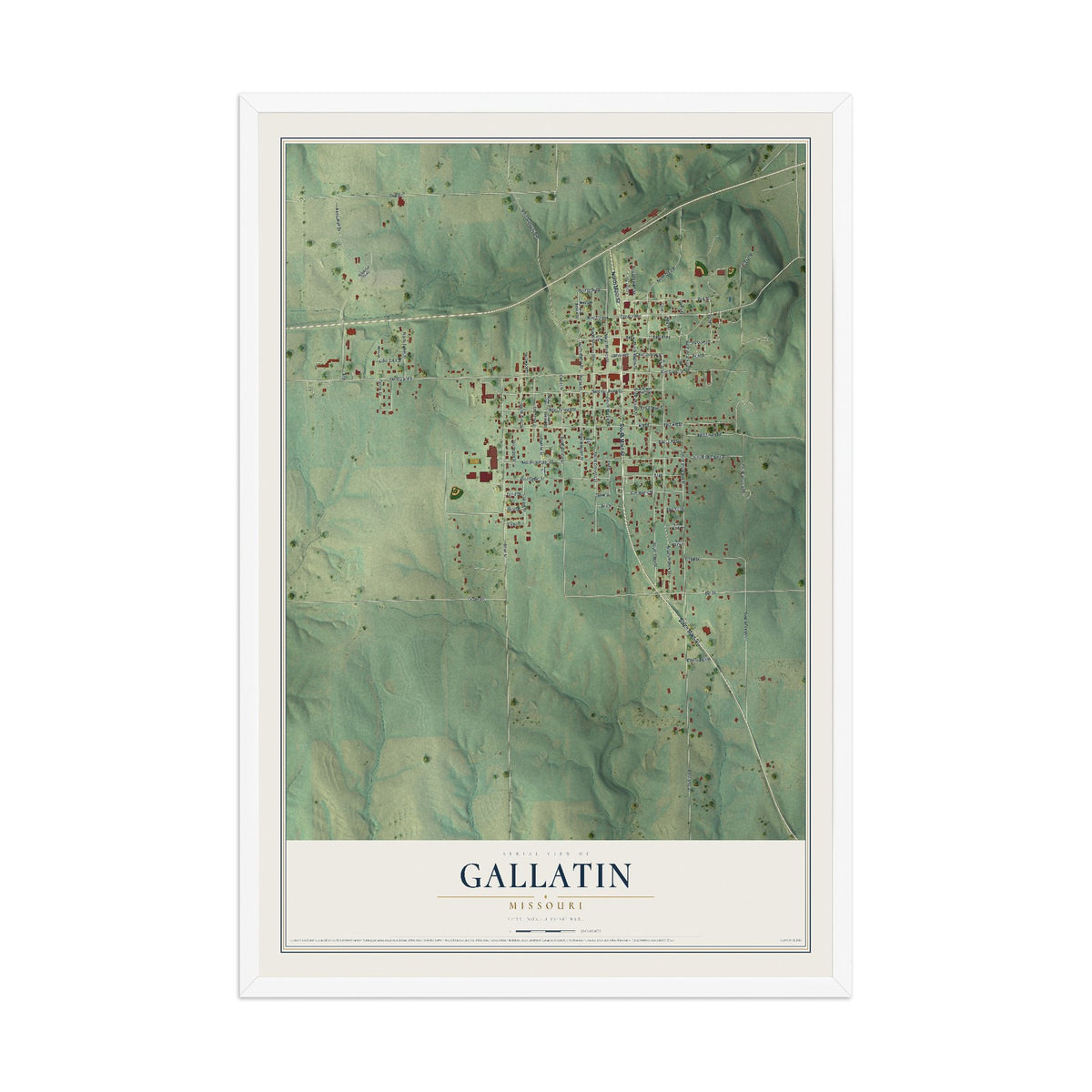 Map of Gallatin, Missouri, 12 x 18 inch print in a white wood frame
