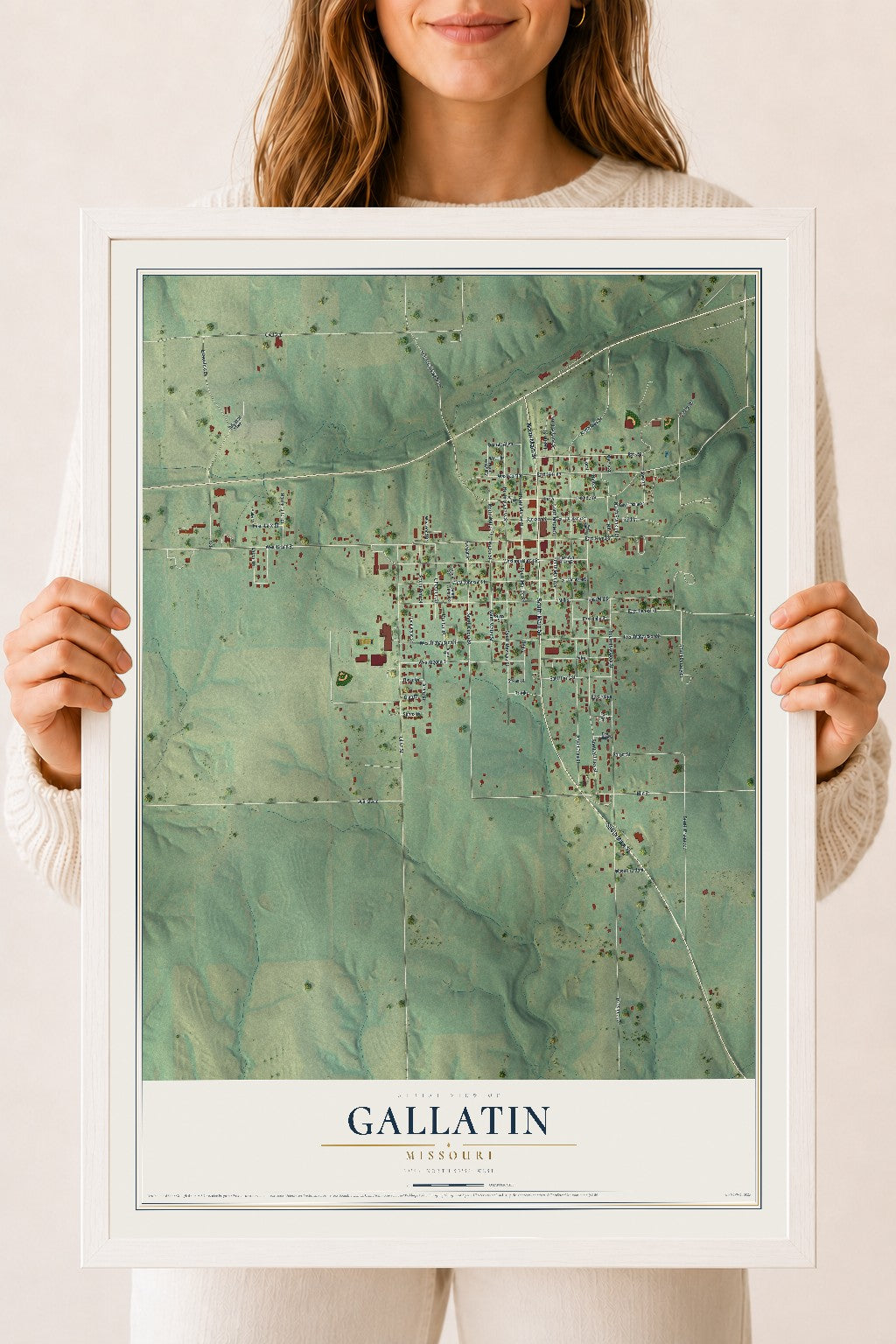 Map of Gallatin, Missouri, 18 x 24 inch print in a white wood frame