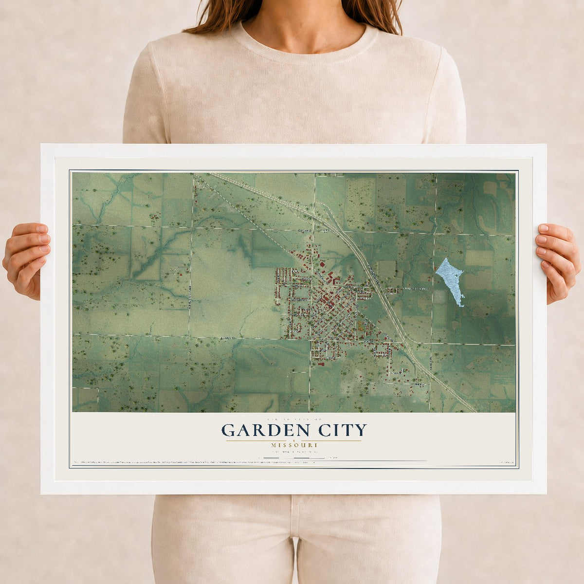 Map of Garden City, Missouri, 12 x 18 inch print in a white wood frame