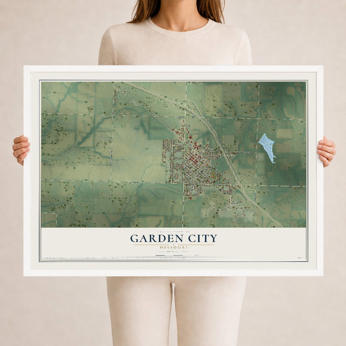 Map of Garden City, Missouri, 24 x 36 inch print in a white wood frame