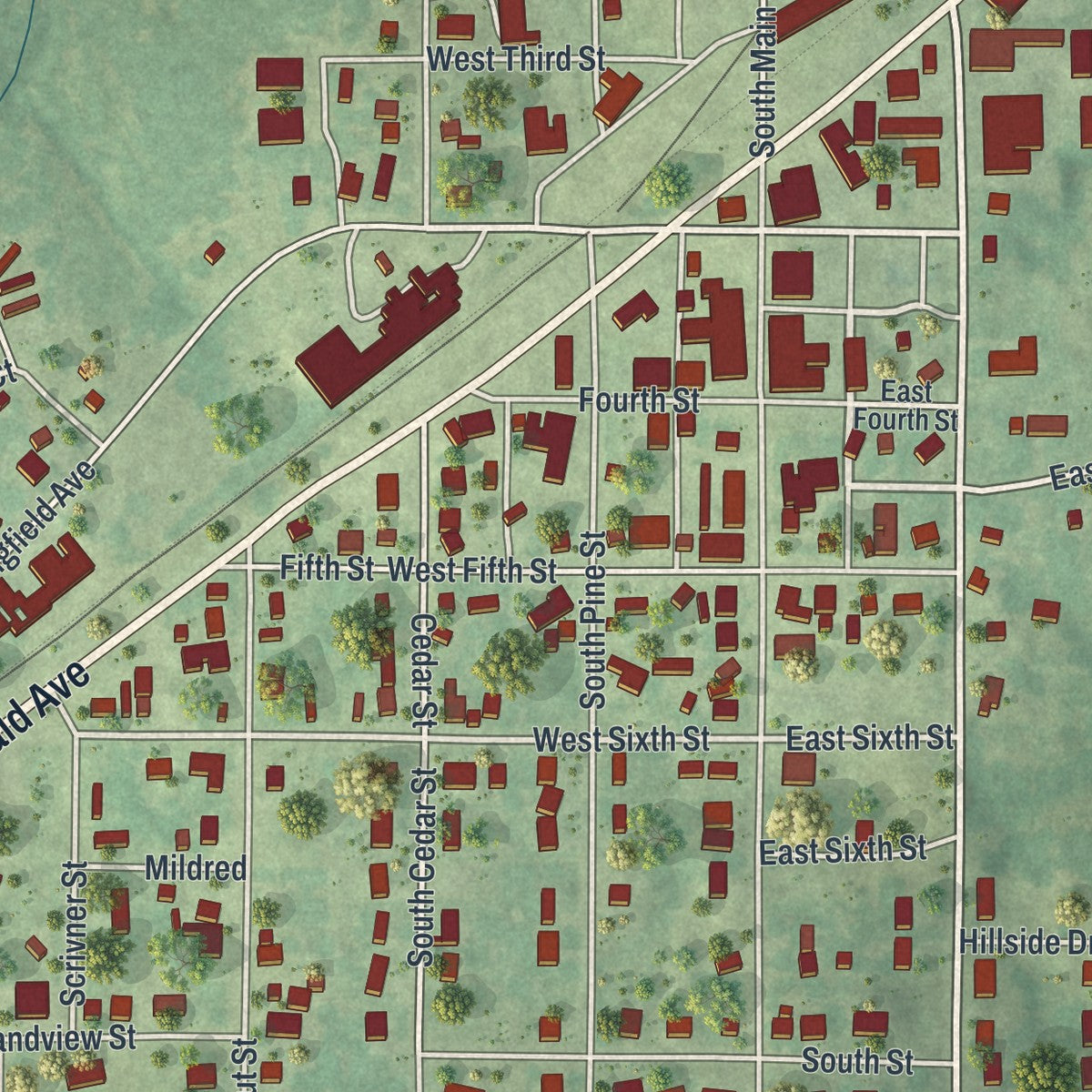 Close-up of the map of Gerald, Missouri print showing street and building detail