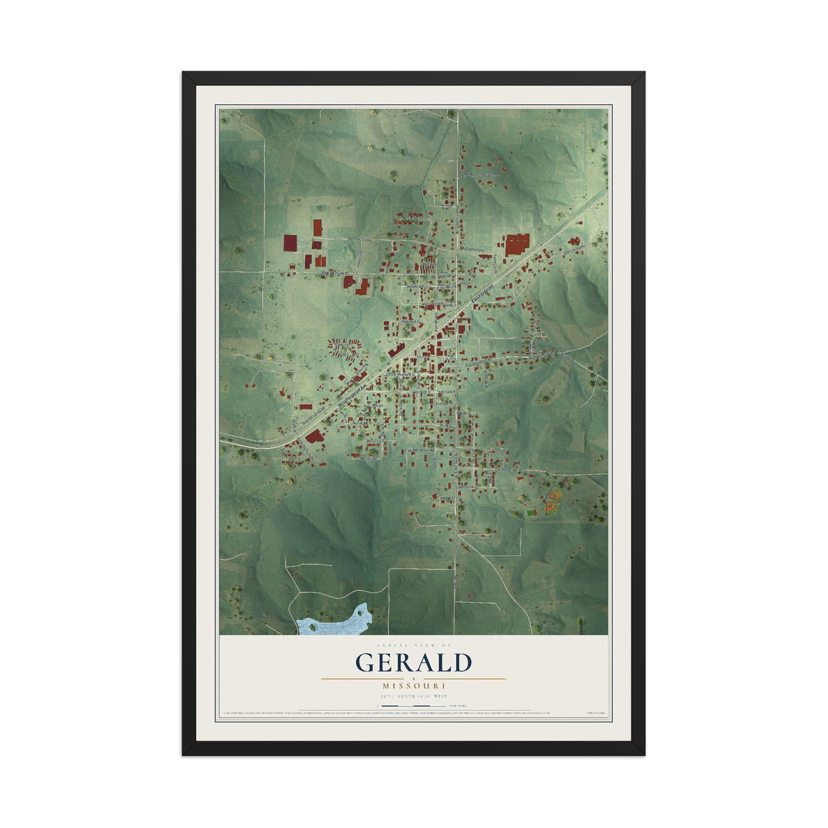 Map of Gerald, Missouri, 12 x 18 inch print in a black wood frame