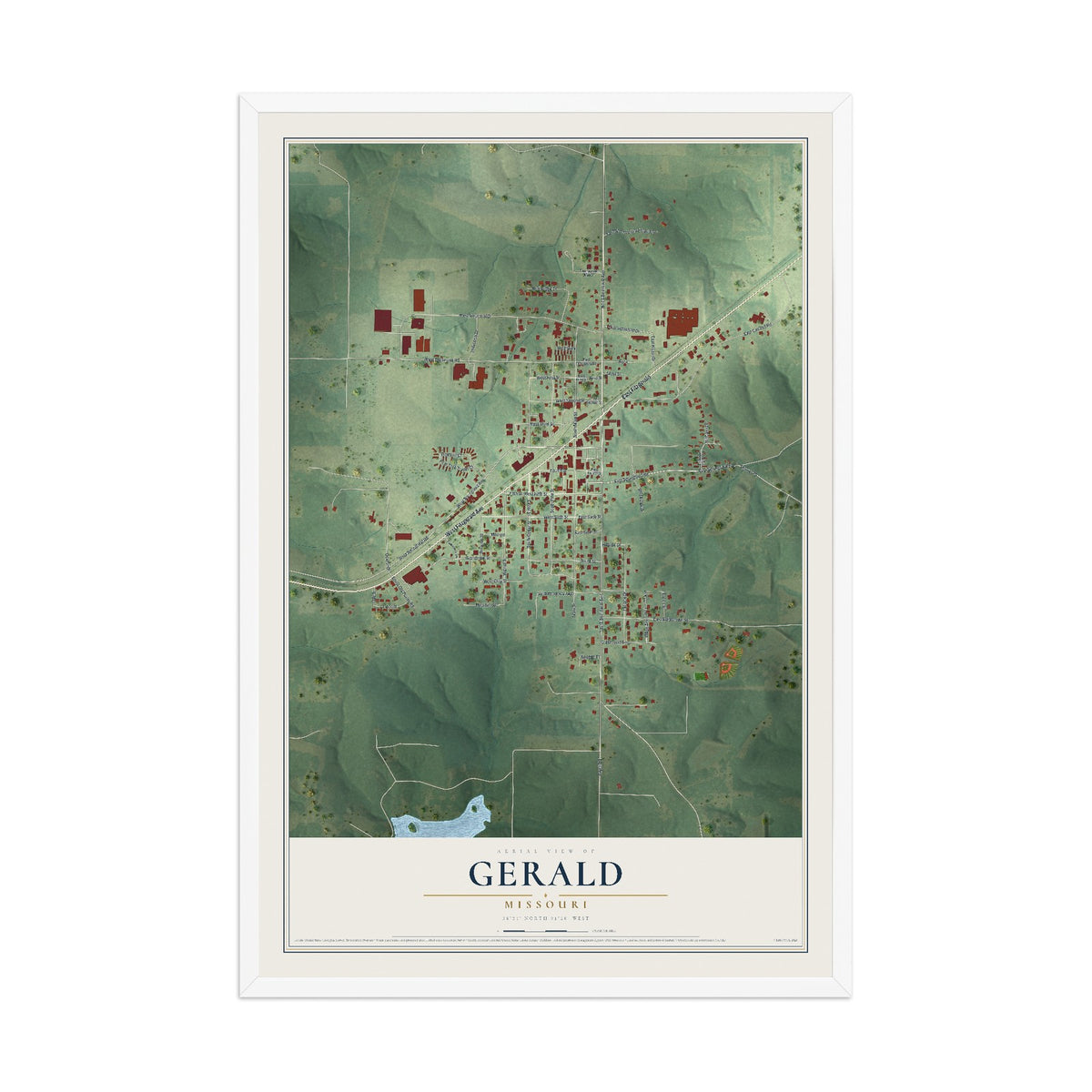 Map of Gerald, Missouri, 12 x 18 inch print in a white wood frame