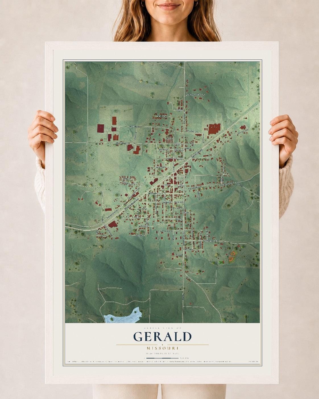 Map of Gerald, Missouri, 24 x 36 inch print in a white wood frame